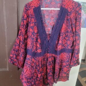 Torrid Red and Blue Floral Blouse
